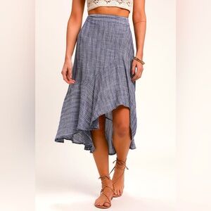Lulus By the Bay Washed Blue and White Striped Ruffled Midi Skirt